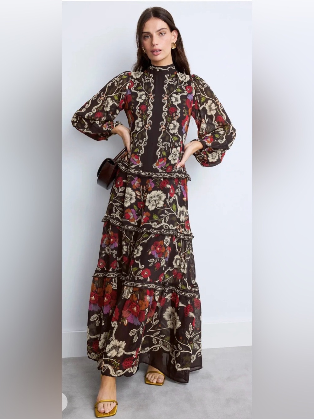 FARM Rio Brown Floral Tiered Maxi Dress with Red & Cream Blooms